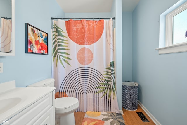 bathroom featuring toilet, vanity, and wood-type flooring