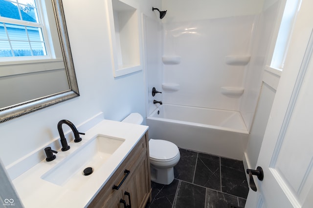 full bathroom with tile patterned flooring, shower / bathtub combination, toilet, and vanity