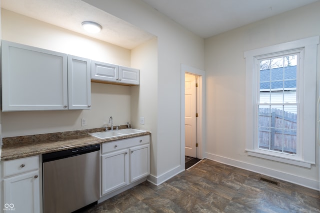 kitchen featuring white cabinetry, stainless steel dishwasher, and sink