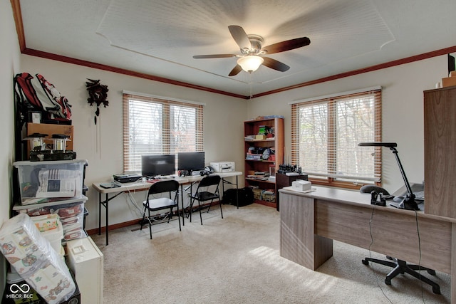 home office with crown molding, light colored carpet, ceiling fan, and a textured ceiling