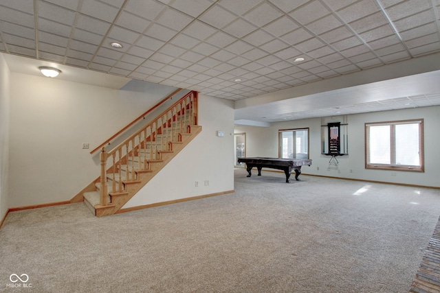 interior space with billiards, carpet, and a drop ceiling