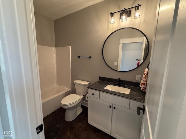 full bathroom with bathtub / shower combination, vanity, toilet, and tile patterned flooring