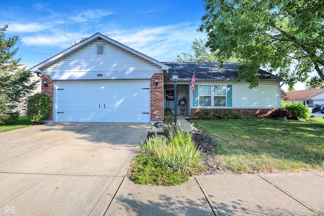 ranch-style house featuring a garage and a front lawn