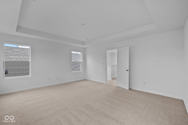 unfurnished room with a raised ceiling, a wealth of natural light, and light colored carpet