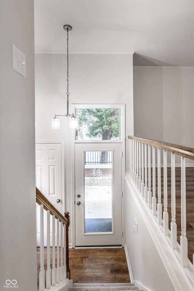 foyer entrance featuring stairs, crown molding, and dark wood-style floors