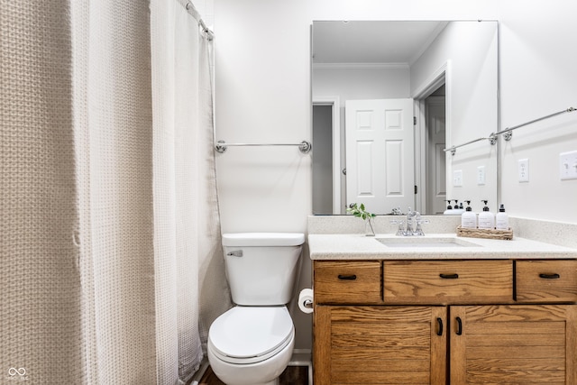 full bathroom with toilet, ornamental molding, and vanity