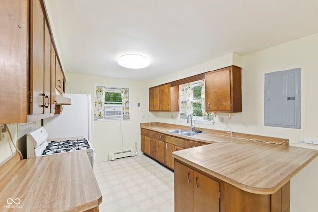 kitchen with sink, a baseboard heating unit, electric panel, white gas range oven, and kitchen peninsula