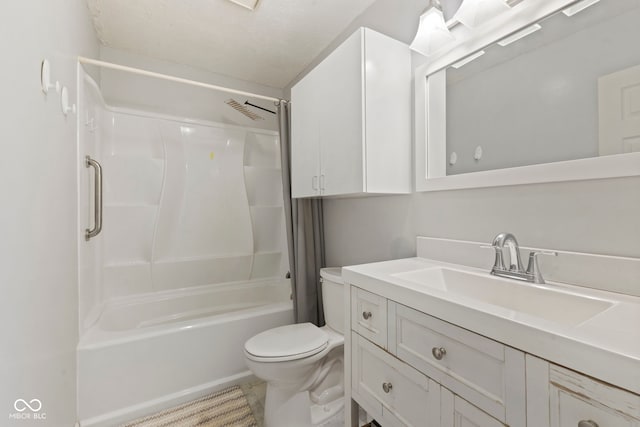 full bathroom featuring vanity, a textured ceiling, bathtub / shower combination, and toilet