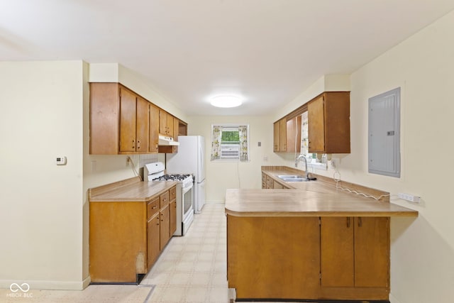 kitchen featuring white appliances, electric panel, kitchen peninsula, and sink