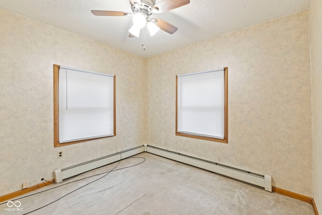 unfurnished room with a baseboard radiator, a textured ceiling, and ceiling fan