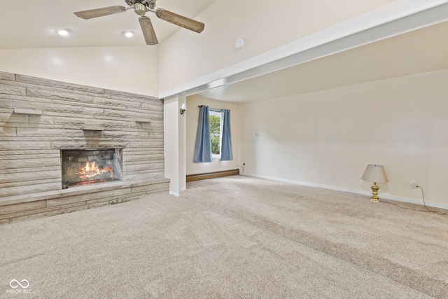 unfurnished living room with a stone fireplace, high vaulted ceiling, carpet flooring, ceiling fan, and baseboard heating