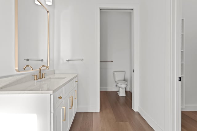 bathroom featuring toilet, vanity, baseboards, and wood finished floors