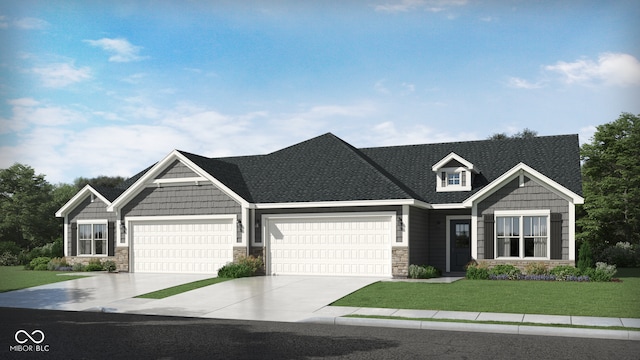 craftsman house featuring a garage and a front lawn