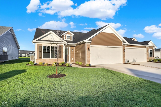 view of front facade featuring brick siding, an attached garage, central air condition unit, a front yard, and driveway