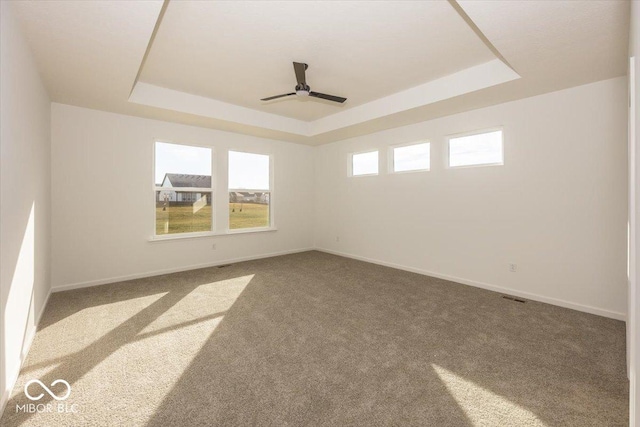 empty room featuring carpet floors, a raised ceiling, and ceiling fan