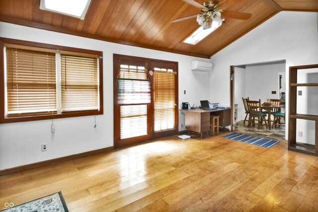 office space featuring wooden ceiling, a wall mounted AC, light wood-style floors, and ceiling fan