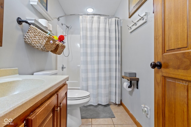 full bathroom with toilet, vanity, shower / tub combo with curtain, and tile patterned floors