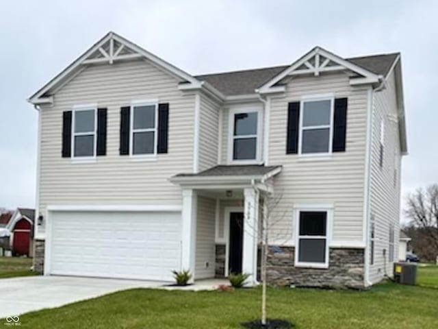 view of front facade featuring central AC unit, a garage, and a front lawn