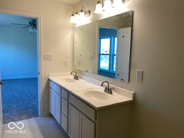 bathroom featuring ceiling fan, tile patterned flooring, and vanity