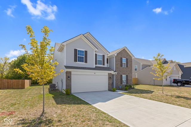 front of property with central AC, a garage, and a front lawn