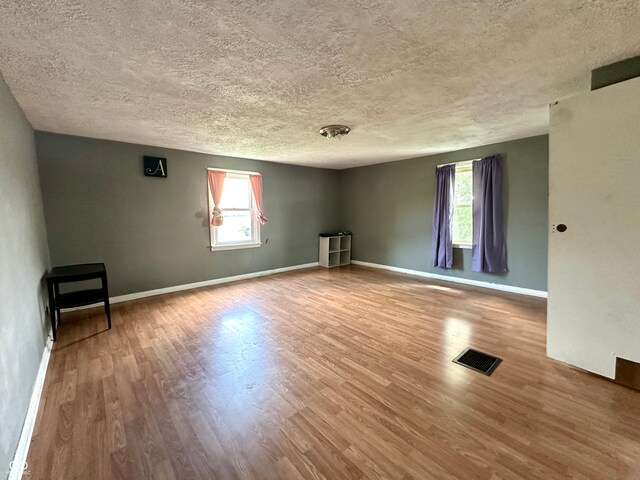 unfurnished room with light hardwood / wood-style floors, a healthy amount of sunlight, and a textured ceiling