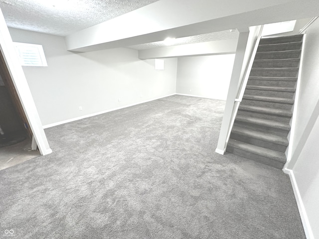 basement with carpet floors and a textured ceiling