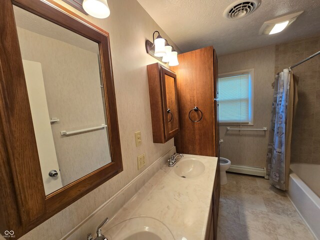 full bathroom with a baseboard radiator, toilet, a textured ceiling, vanity, and shower / tub combo