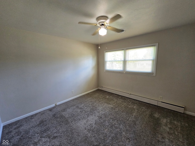 unfurnished room featuring dark colored carpet, ceiling fan, and baseboard heating