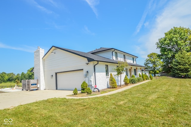 exterior space featuring a garage and a front lawn