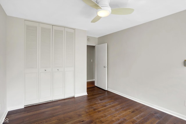 unfurnished bedroom featuring a closet, ceiling fan, and wood-type flooring