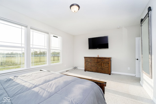 carpeted bedroom with a barn door