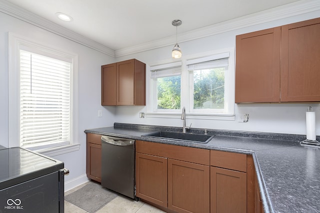 kitchen featuring crown molding, decorative light fixtures, sink, black dishwasher, and light tile patterned flooring