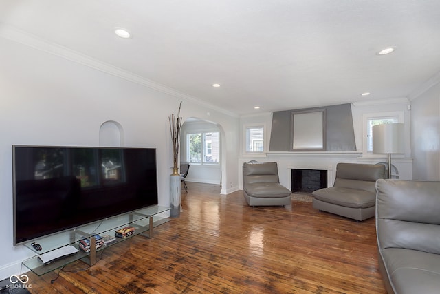 living room featuring ornamental molding, hardwood / wood-style floors, and a fireplace