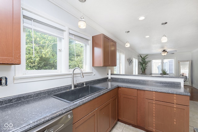 kitchen featuring pendant lighting, dishwasher, crown molding, sink, and ceiling fan