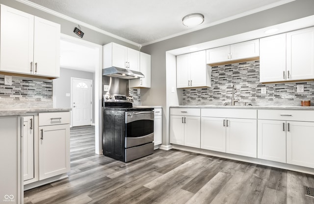 kitchen with white cabinets, stainless steel electric range oven, under cabinet range hood, and a sink