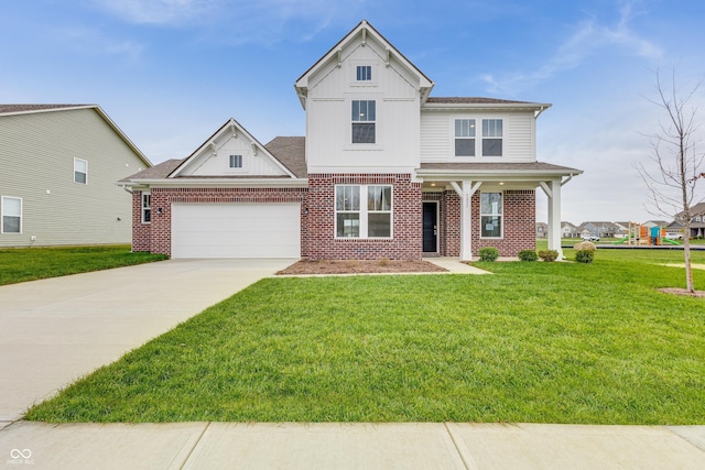 view of front of property featuring brick siding, driveway, a garage, board and batten siding, and a front yard