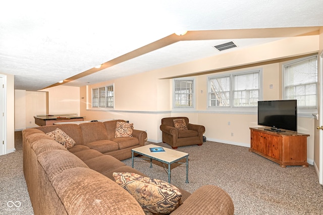 14626 Warner Trl, Westfield, IN 46074 - living room featuring light colored carpet, baseboards, and a textured ceiling
