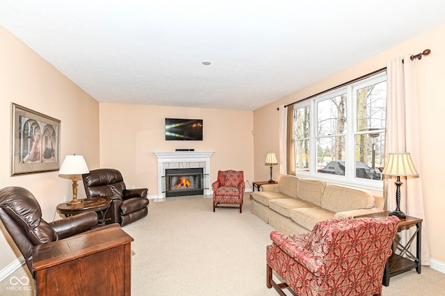 14626 Warner Trl, Westfield, IN 46074 - living room with light colored carpet, a tile fireplace, and baseboards