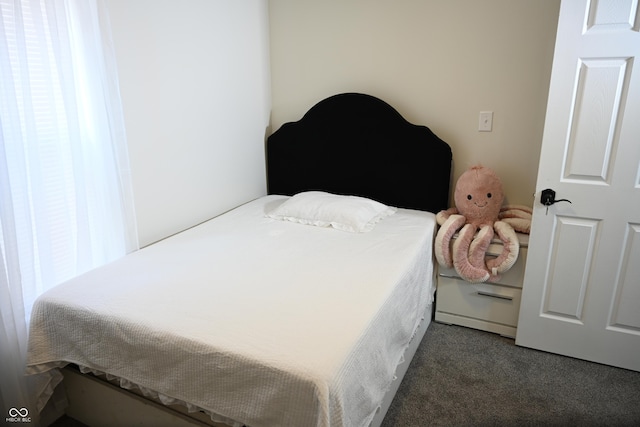 bedroom featuring dark carpet