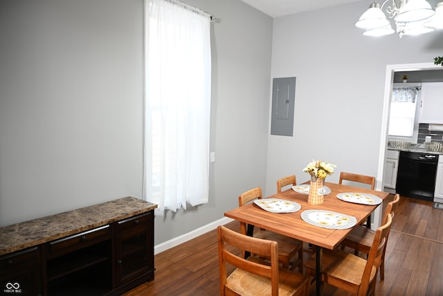 dining room featuring a chandelier, dark wood-type flooring, baseboards, a wealth of natural light, and electric panel