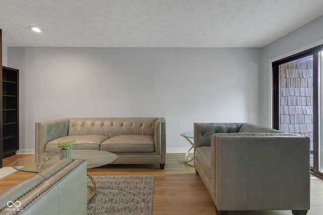 living room featuring a textured ceiling and light hardwood / wood-style flooring