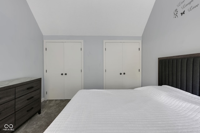 bedroom with dark colored carpet, lofted ceiling, and multiple closets