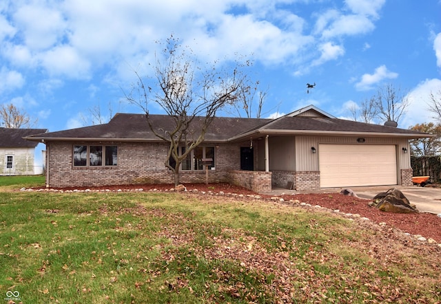 single story home featuring a front yard and a garage