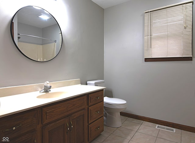 bathroom featuring tile patterned floors, walk in shower, vanity, and toilet