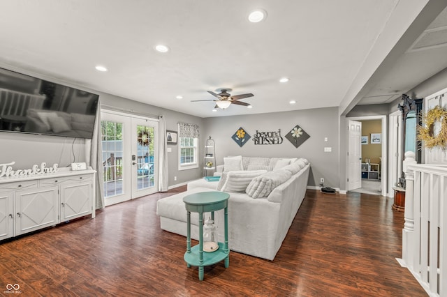 living room featuring ceiling fan, hardwood / wood-style flooring, and french doors