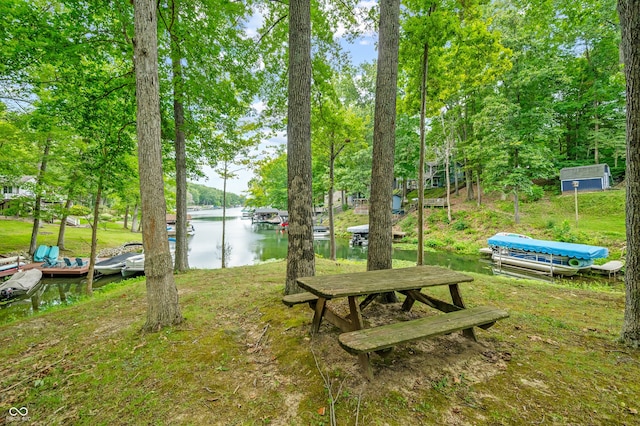 view of property's community with a water view and a boat dock