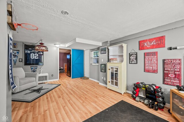 living room with a textured ceiling and wood-type flooring