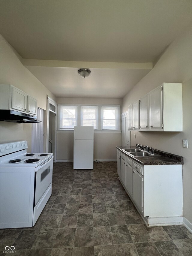 kitchen featuring sink, white cabinetry, and white appliances