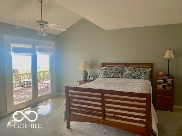 bedroom featuring lofted ceiling, access to exterior, ceiling fan, and light carpet