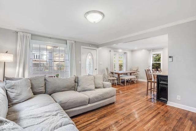 living room with wood-type flooring and ornamental molding